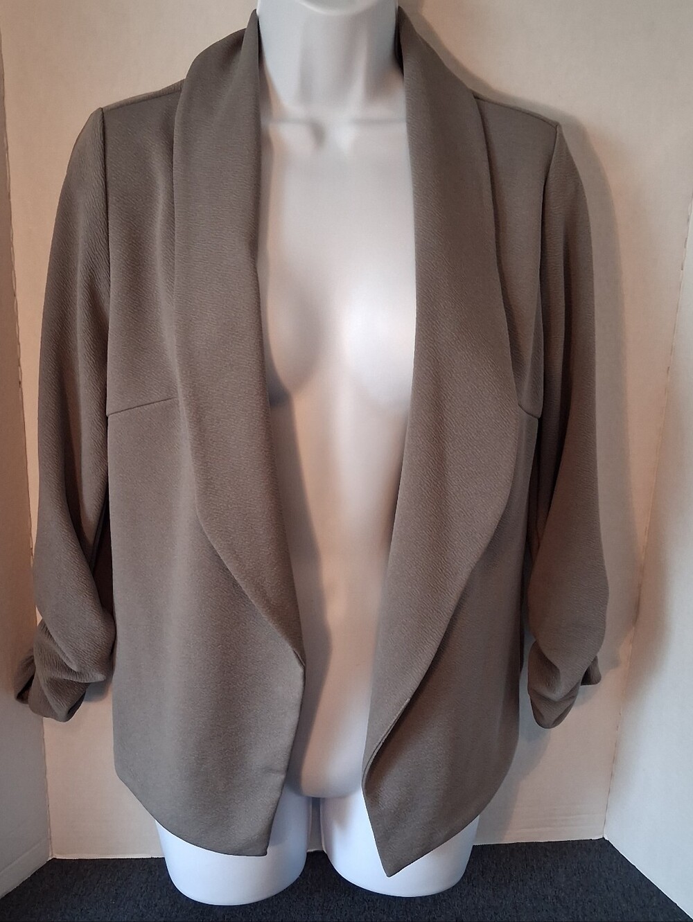 Women's Open Front Drape Jacket  Gray 3/4 Ruched Sleeve Size M